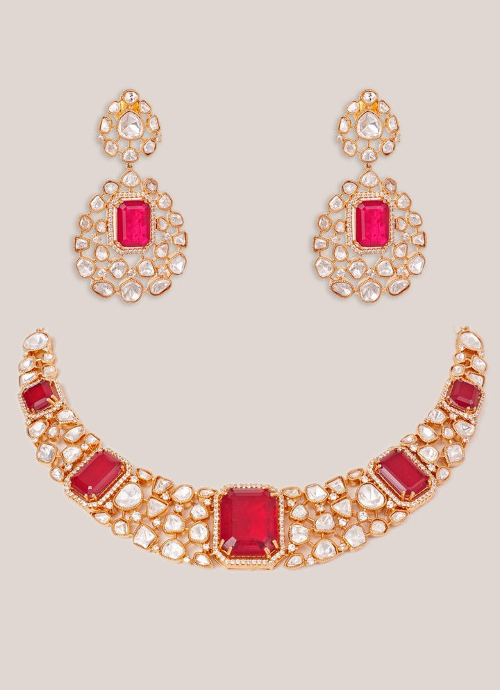 Red Stone And Polki Gold Necklace Set Zevar by Geeta - Fabilicious Fashion