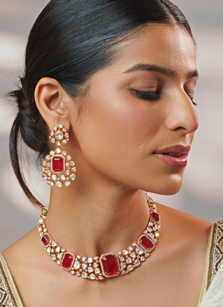 Red Stone And Polki Gold Necklace Set Zevar by Geeta - Fabilicious Fashion