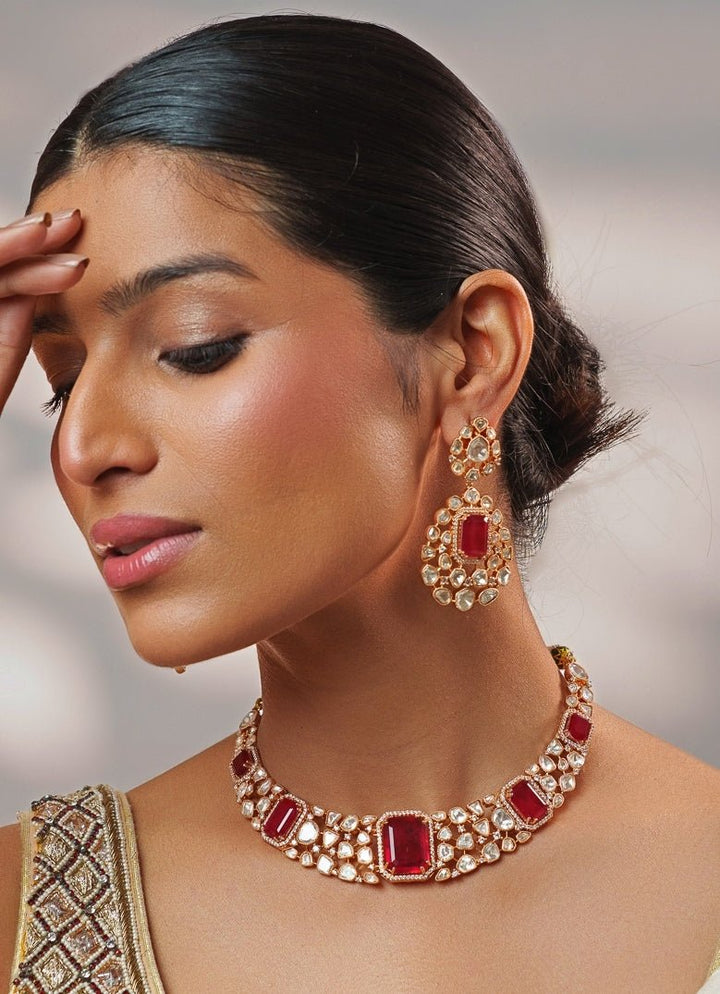 Red Stone And Polki Gold Necklace Set Zevar by Geeta - Fabilicious Fashion