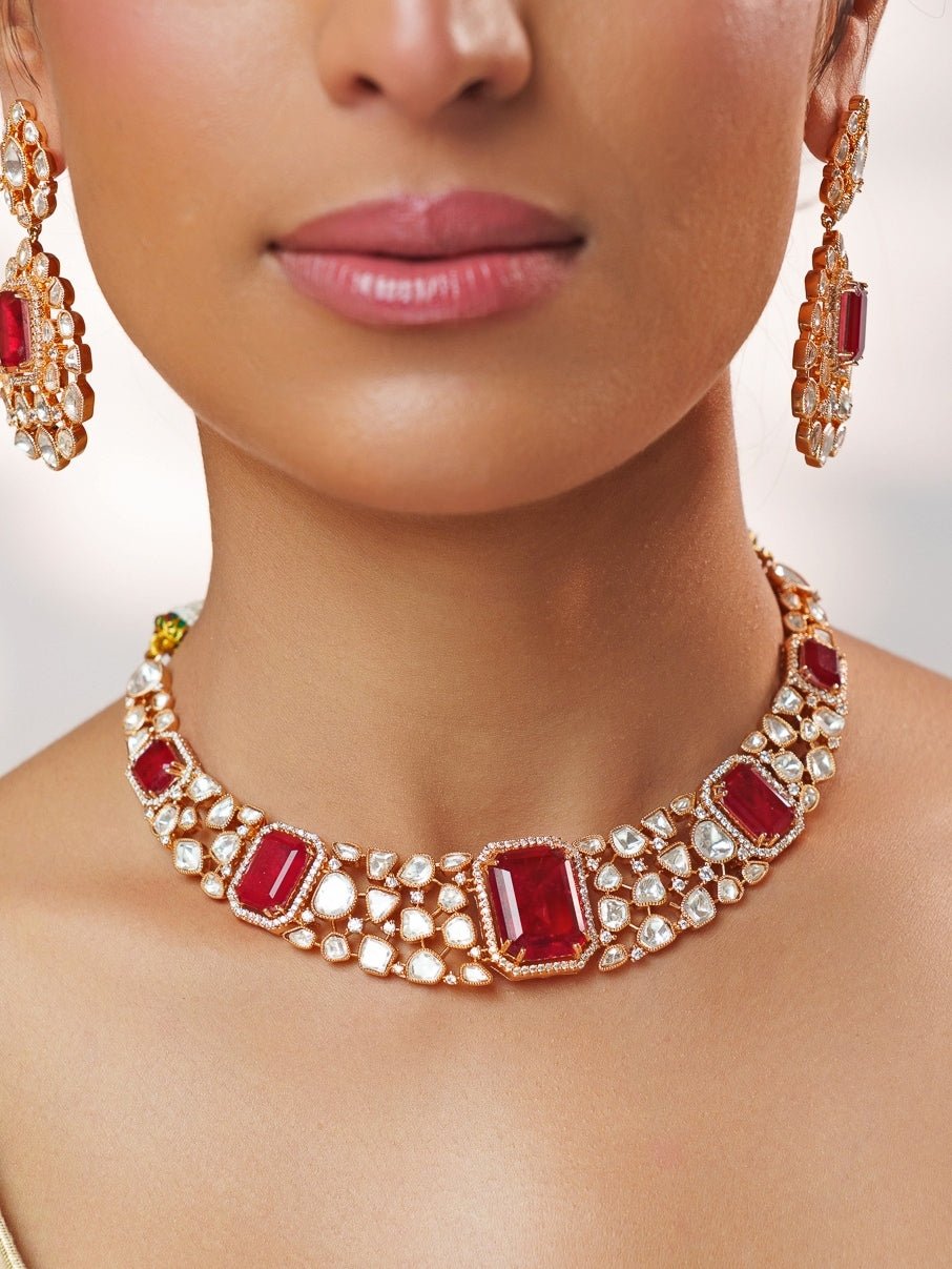 Red Stone And Polki Gold Necklace Set Zevar by Geeta - Fabilicious Fashion