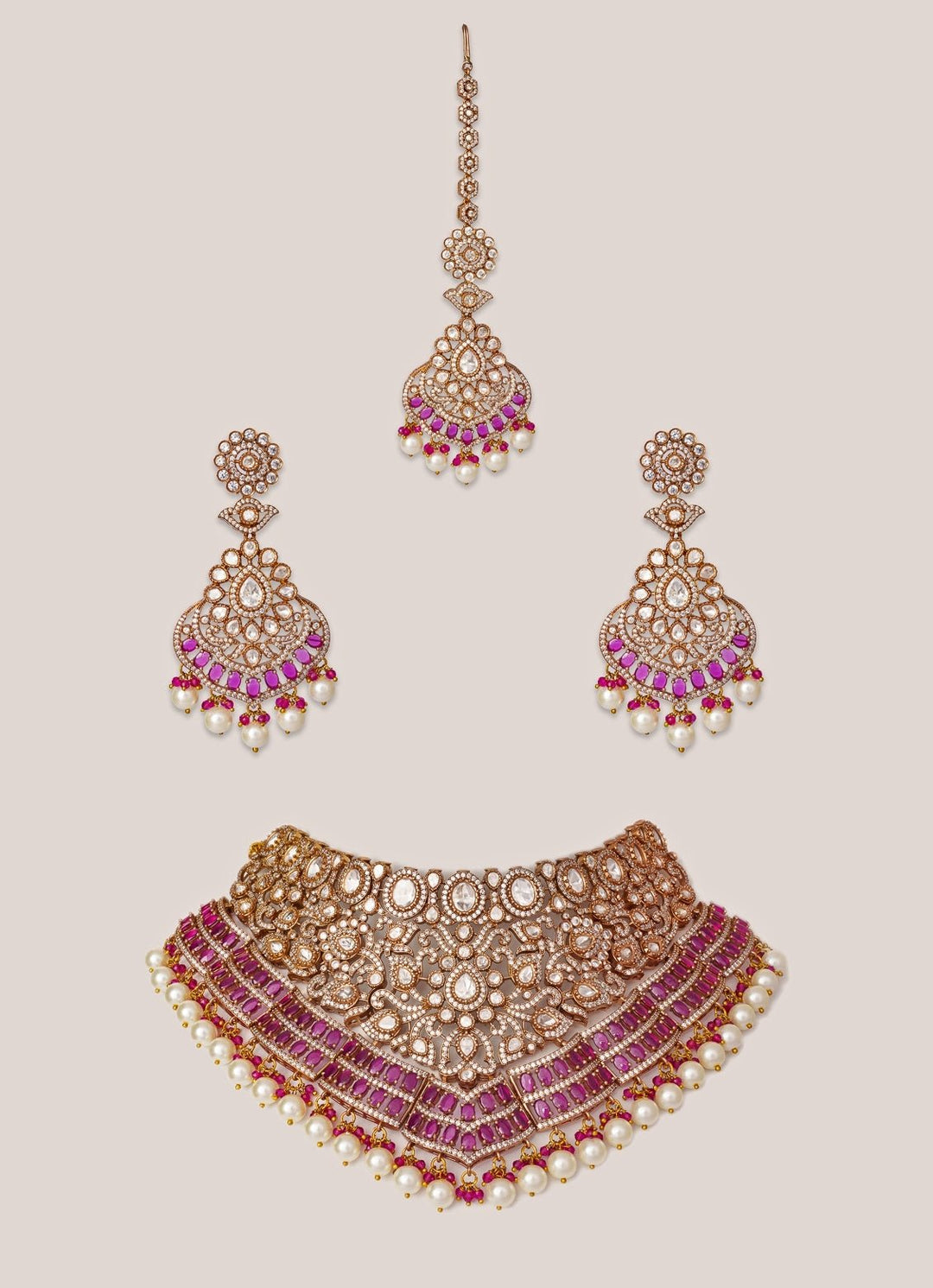 Red Stone And Polki Two Tone Necklace Set Zevar by Geeta - Fabilicious Fashion