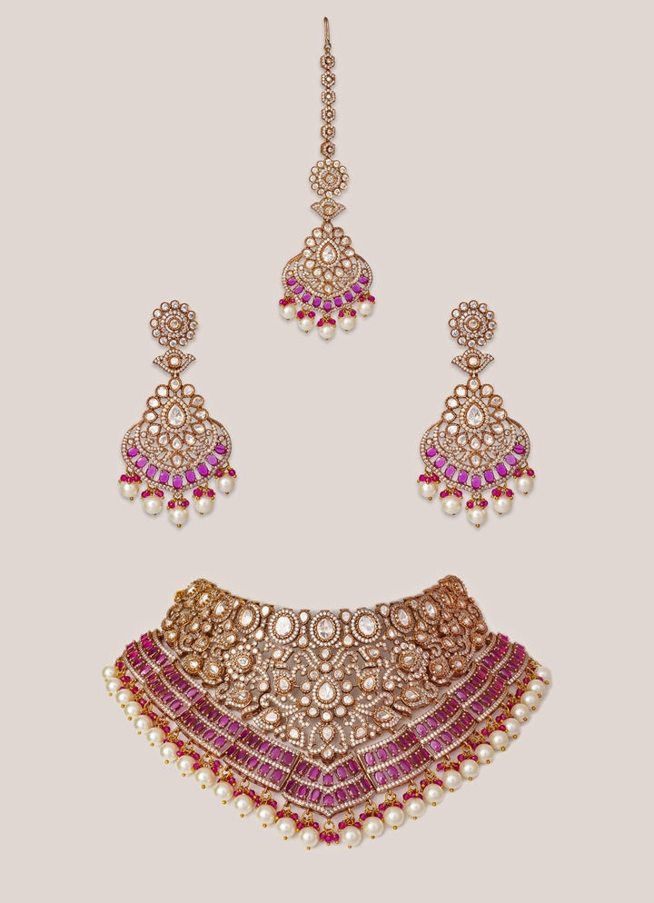 Red Stone And Polki Two Tone Necklace Set Zevar by Geeta - Fabilicious Fashion