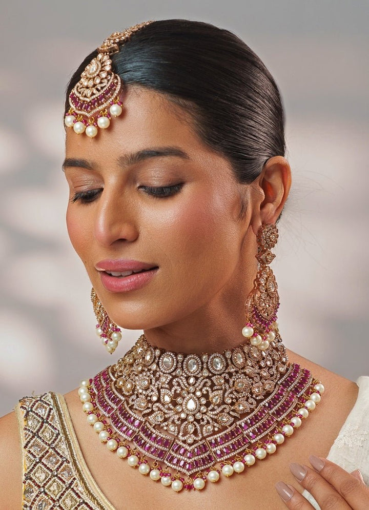 Red Stone And Polki Two Tone Necklace Set Zevar by Geeta - Fabilicious Fashion