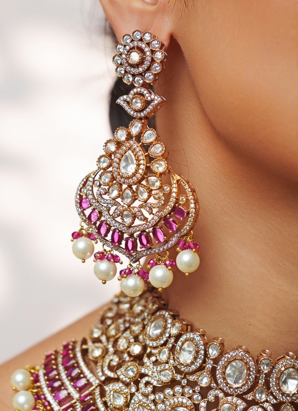 Red Stone And Polki Two Tone Necklace Set Zevar by Geeta - Fabilicious Fashion