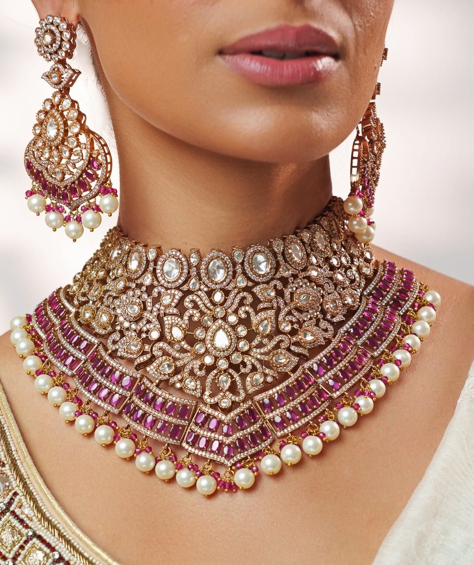 Red Stone And Polki Two Tone Necklace Set Zevar by Geeta - Fabilicious Fashion