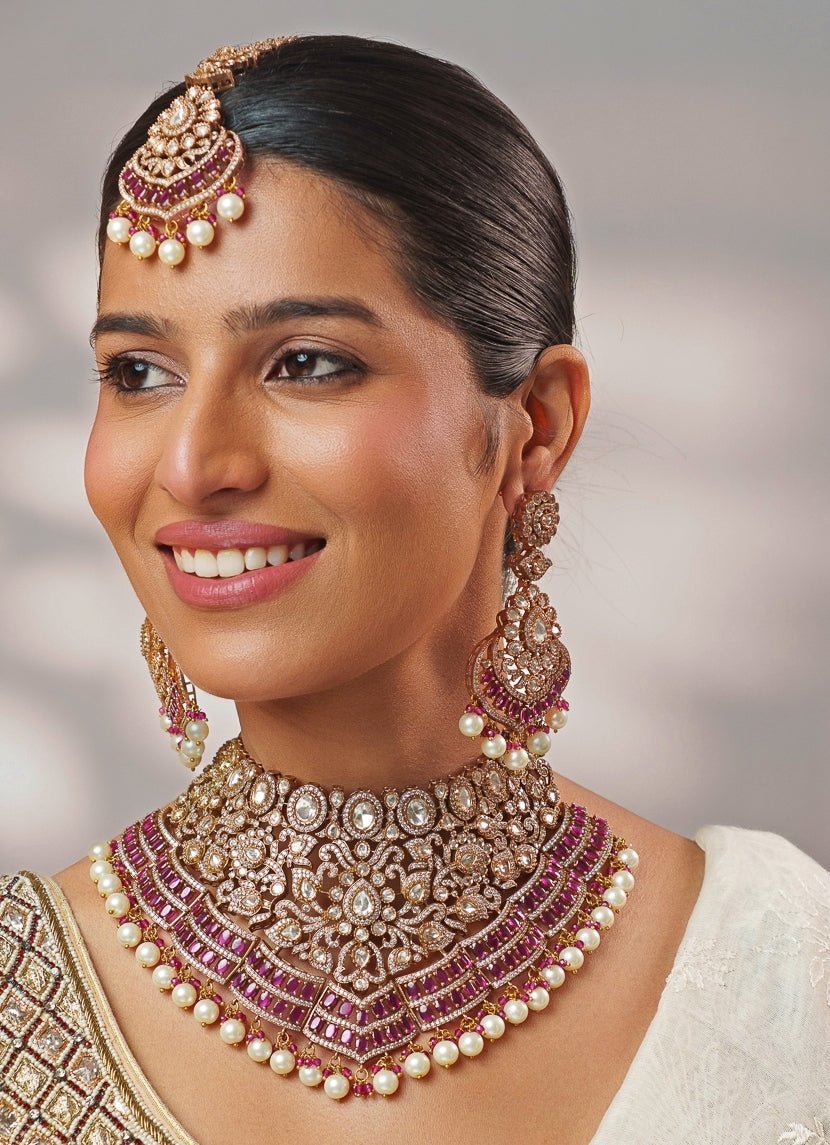 Red Stone And Polki Two Tone Necklace Set Zevar by Geeta - Fabilicious Fashion