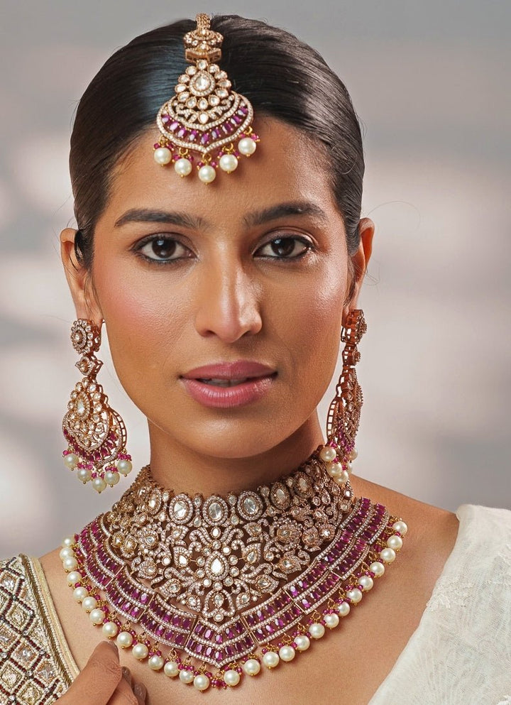 Red Stone And Polki Two Tone Necklace Set Zevar by Geeta - Fabilicious Fashion