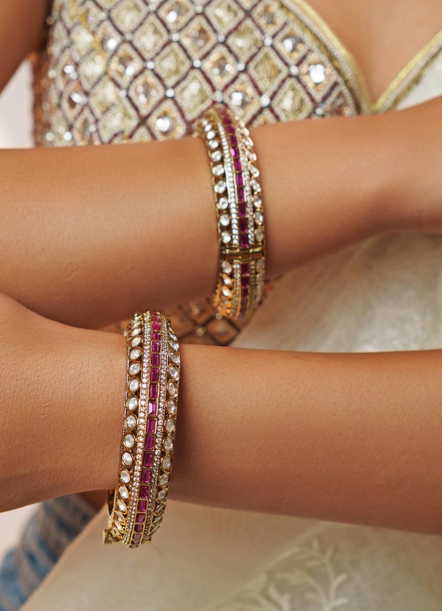 Red Stone And Sparkling Polki Bangle Set Zevar by Geeta - Fabilicious Fashion