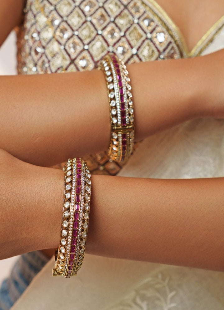 Red Stone And Sparkling Polki Bangle Set Zevar by Geeta - Fabilicious Fashion