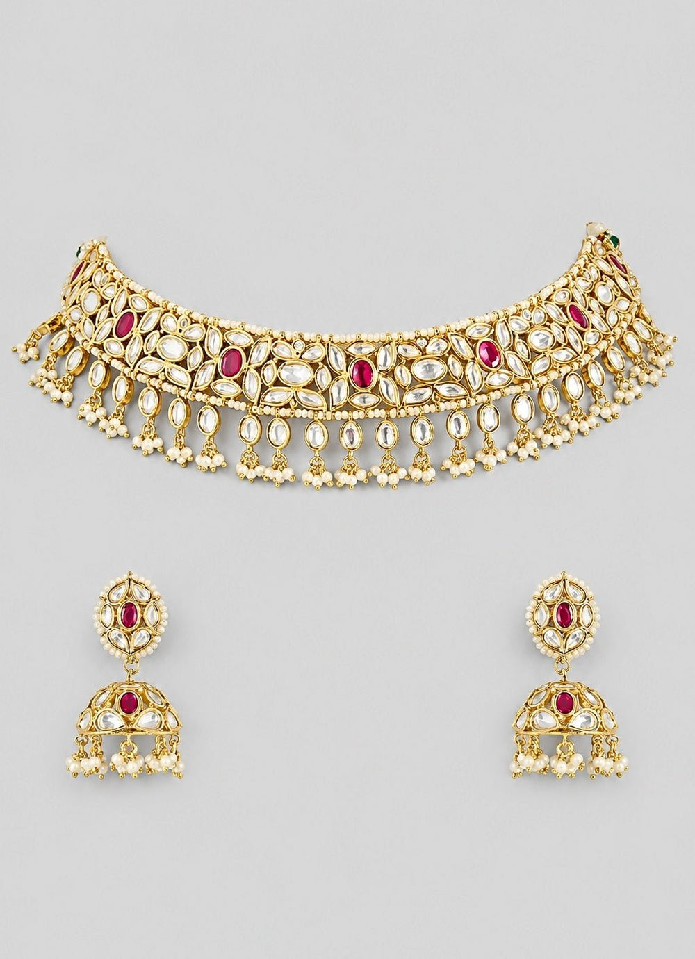Zevar by Geeta Red Stone Gold Kundan Necklace SetFabilicious Fashion