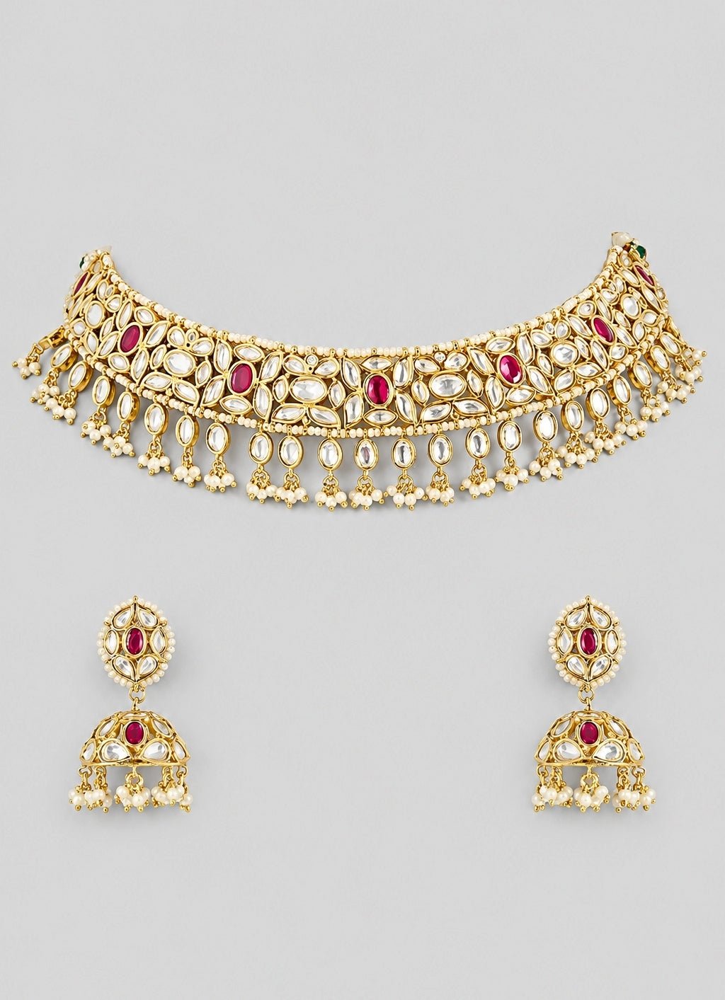 Zevar by Geeta Red Stone Gold Kundan Necklace SetFabilicious Fashion