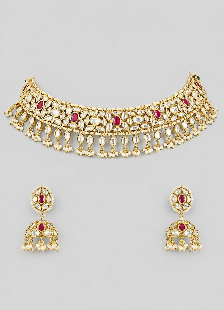 Zevar by Geeta Red Stone Gold Kundan Necklace SetFabilicious Fashion