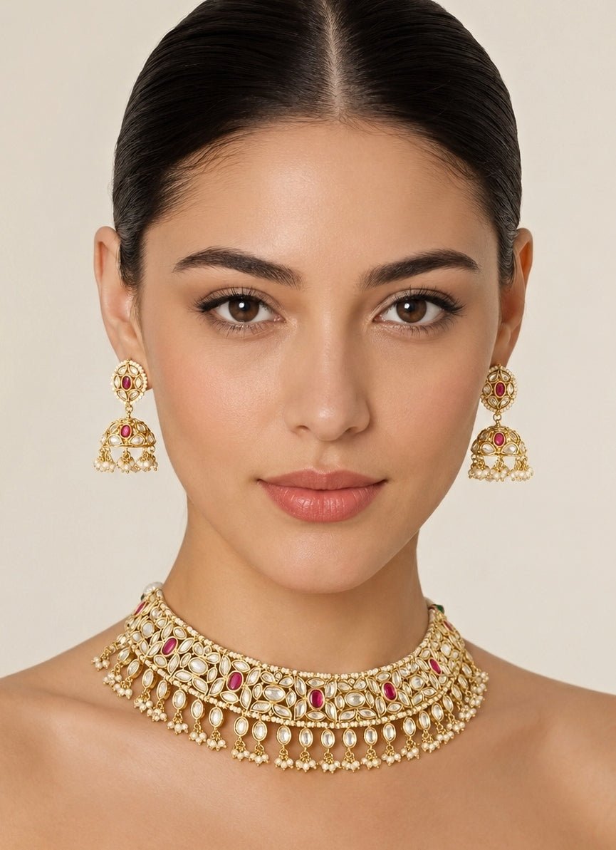Zevar by Geeta Red Stone Gold Kundan Necklace SetFabilicious Fashion