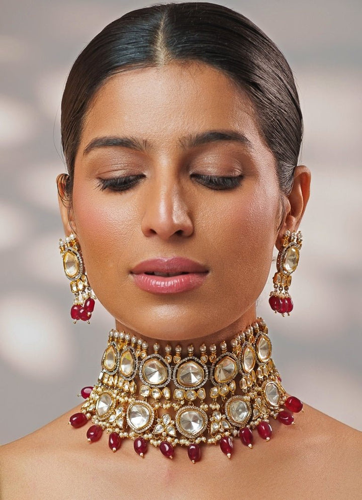 Red Stone Kundan Polki Gold Choker Set Zevar by Geeta - Fabilicious Fashion