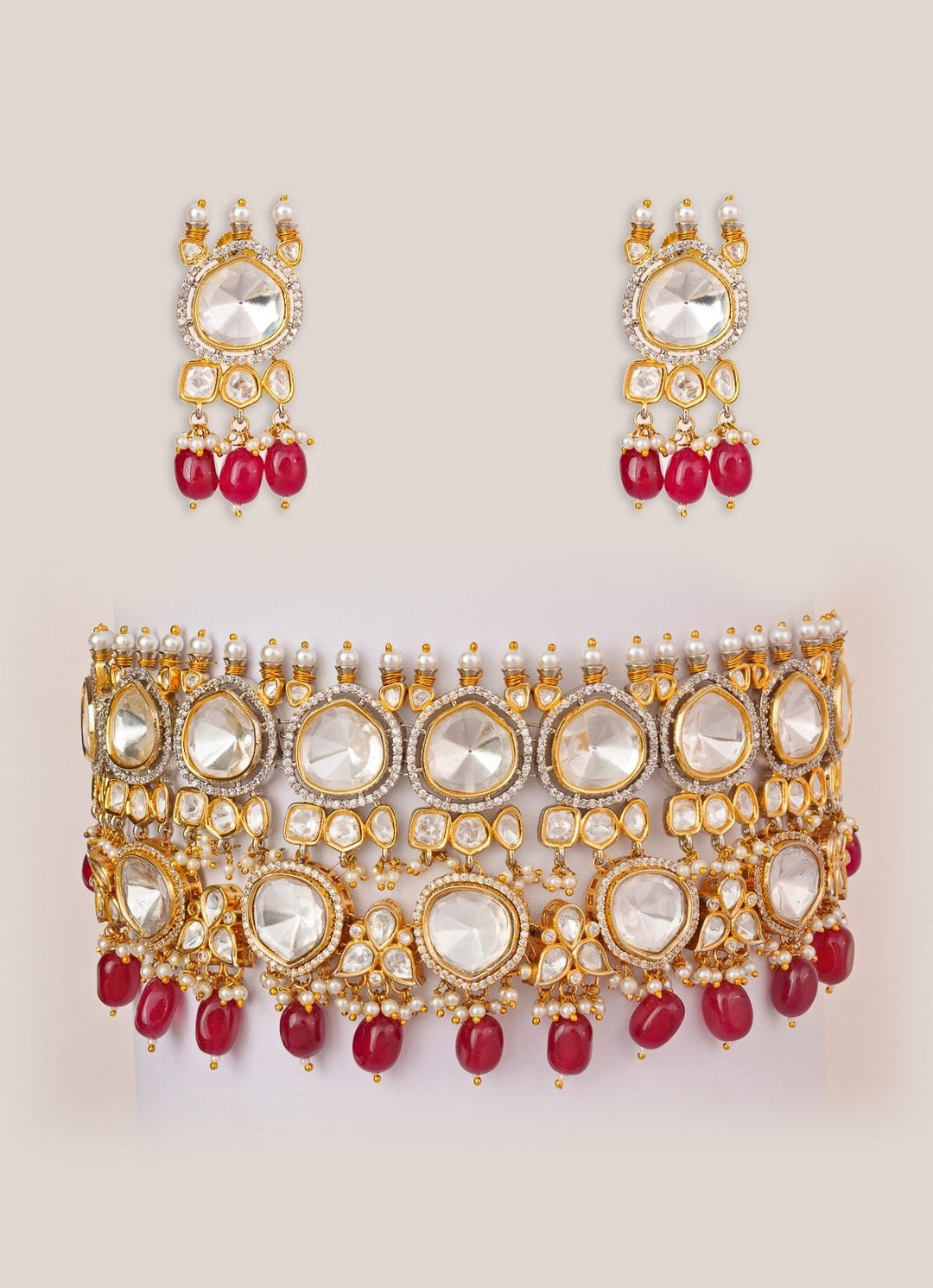 Red Stone Kundan Polki Gold Choker Set Zevar by Geeta - Fabilicious Fashion