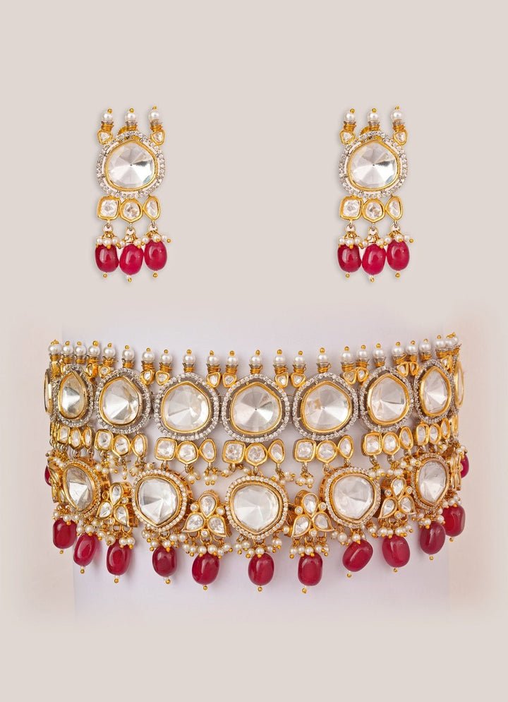 Red Stone Kundan Polki Gold Choker Set Zevar by Geeta - Fabilicious Fashion