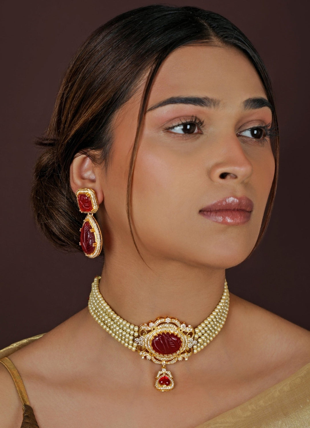 Red Stone Matte Gold Choker Set Riana Jewellery - Fabilicious Fashion