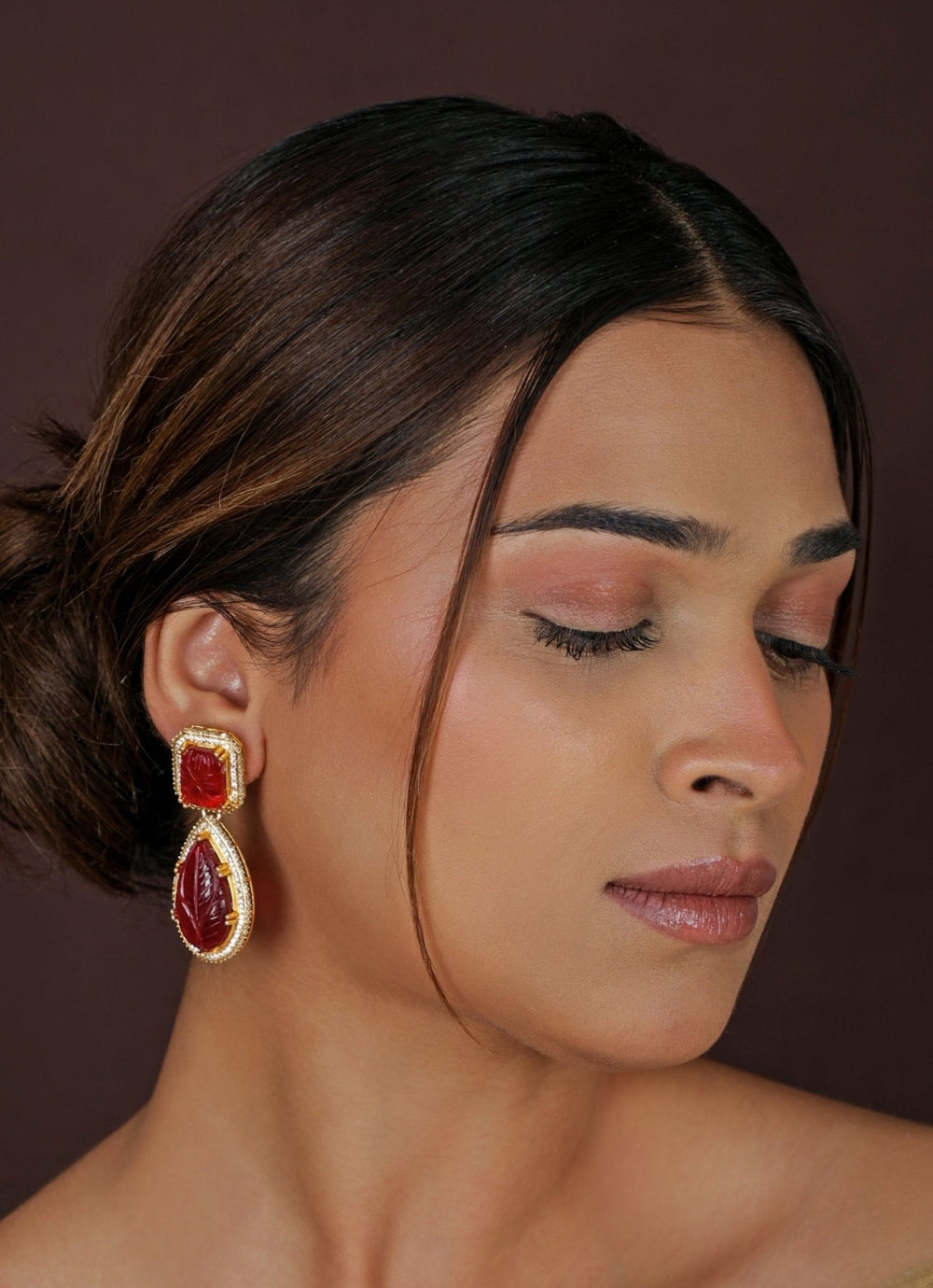 Red Stone Matte Gold Choker Set Riana Jewellery - Fabilicious Fashion