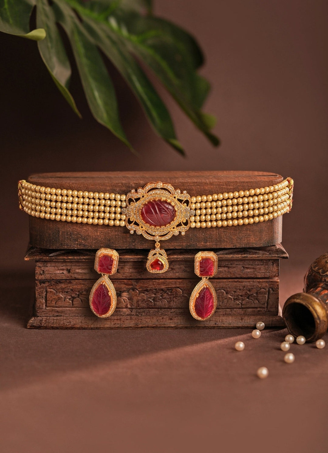 Red Stone Matte Gold Choker Set Riana Jewellery - Fabilicious Fashion
