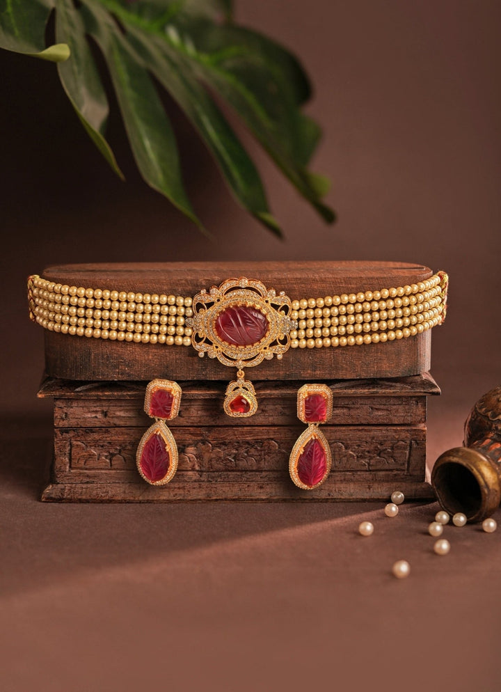 Red Stone Matte Gold Choker Set Riana Jewellery - Fabilicious Fashion