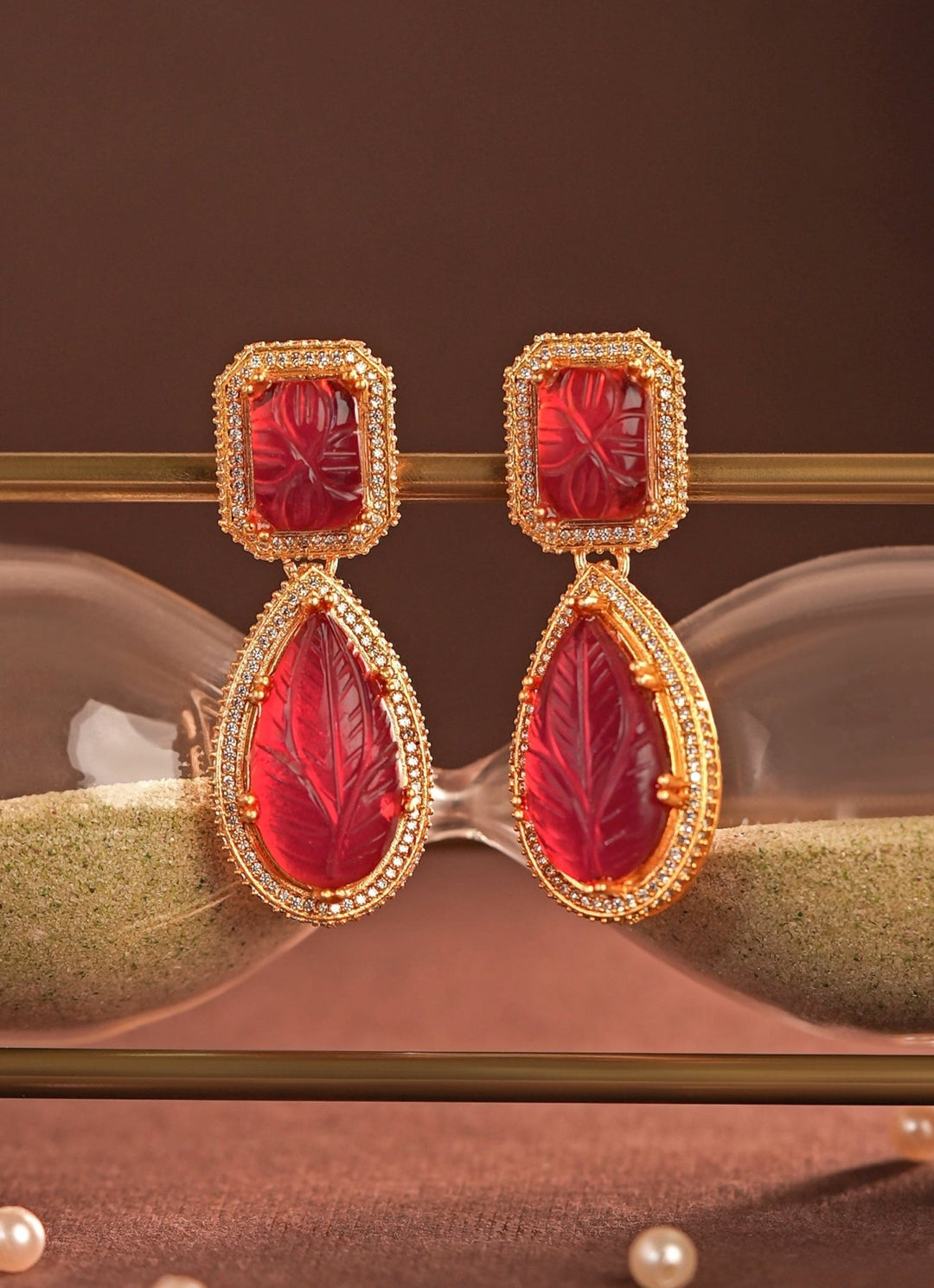 Red Stone Matte Gold Drop Earrings Riana Jewellery - Fabilicious Fashion