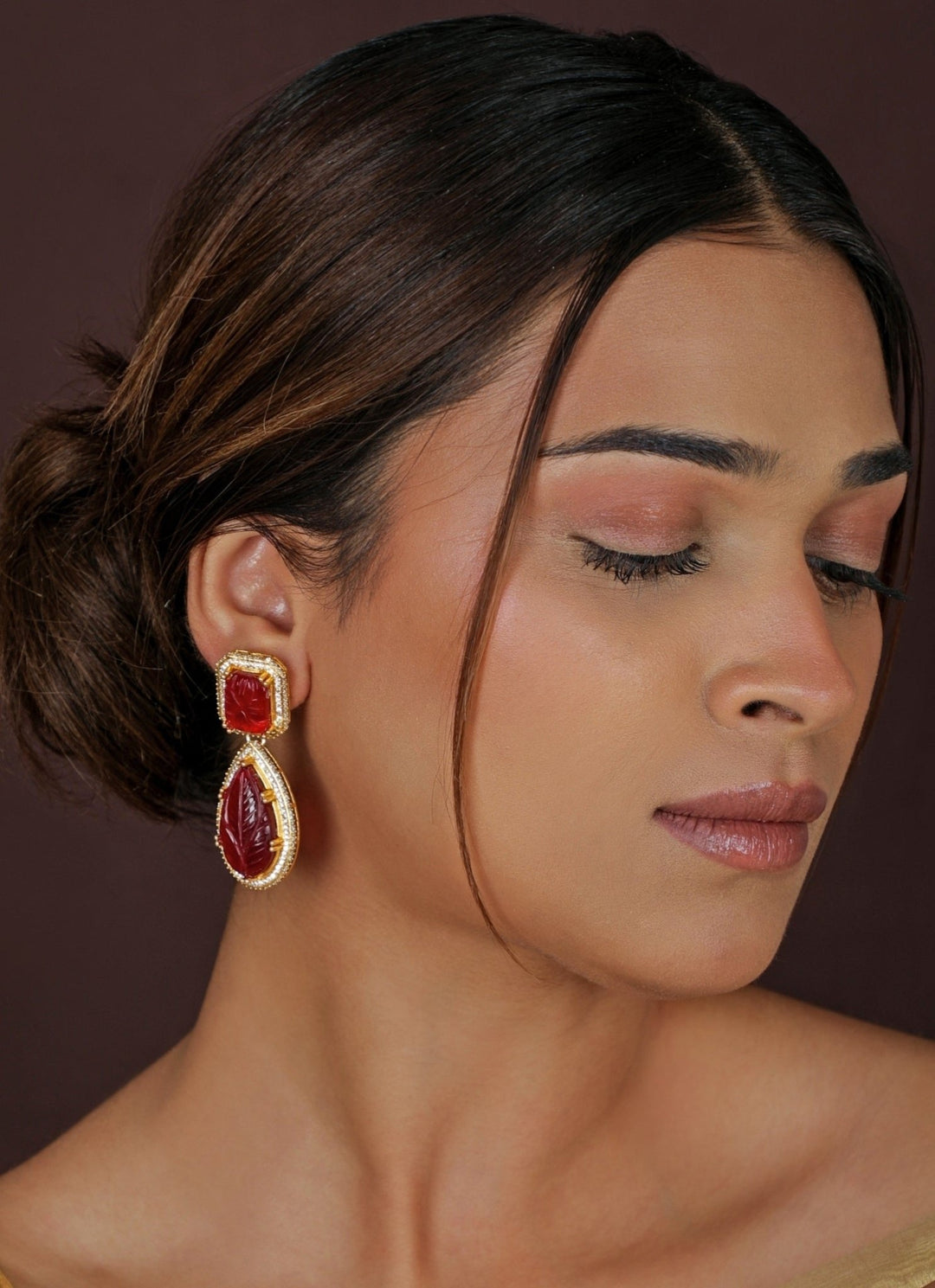 Red Stone Matte Gold Drop Earrings Riana Jewellery - Fabilicious Fashion