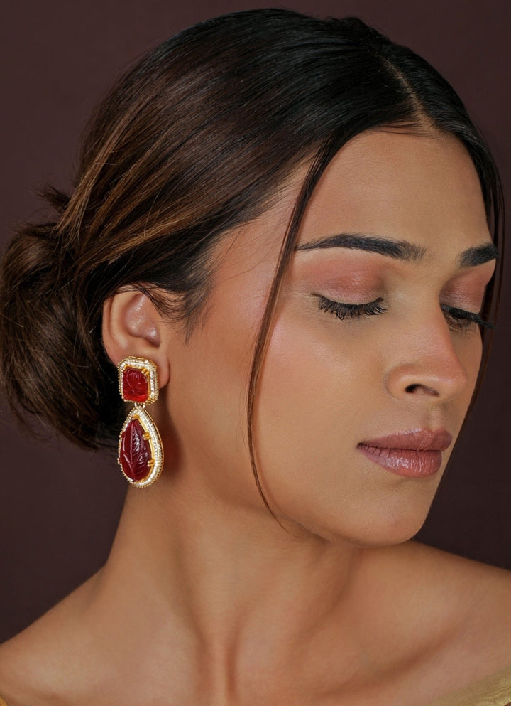 Red Stone Matte Gold Drop Earrings Riana Jewellery - Fabilicious Fashion