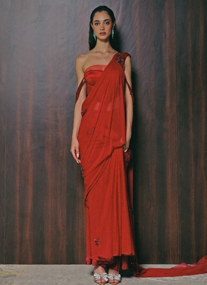 The Little Black Bow Red Stretch Tulle Pre-Draped Saree With CorsetFabilicious Fashion