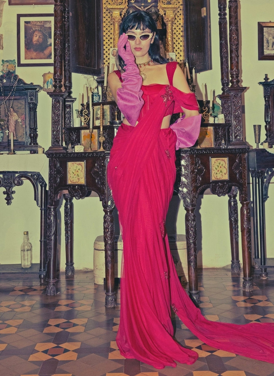 The Little Black Bow Red Stretch Tulle Pre-Draped Saree With CorsetFabilicious Fashion