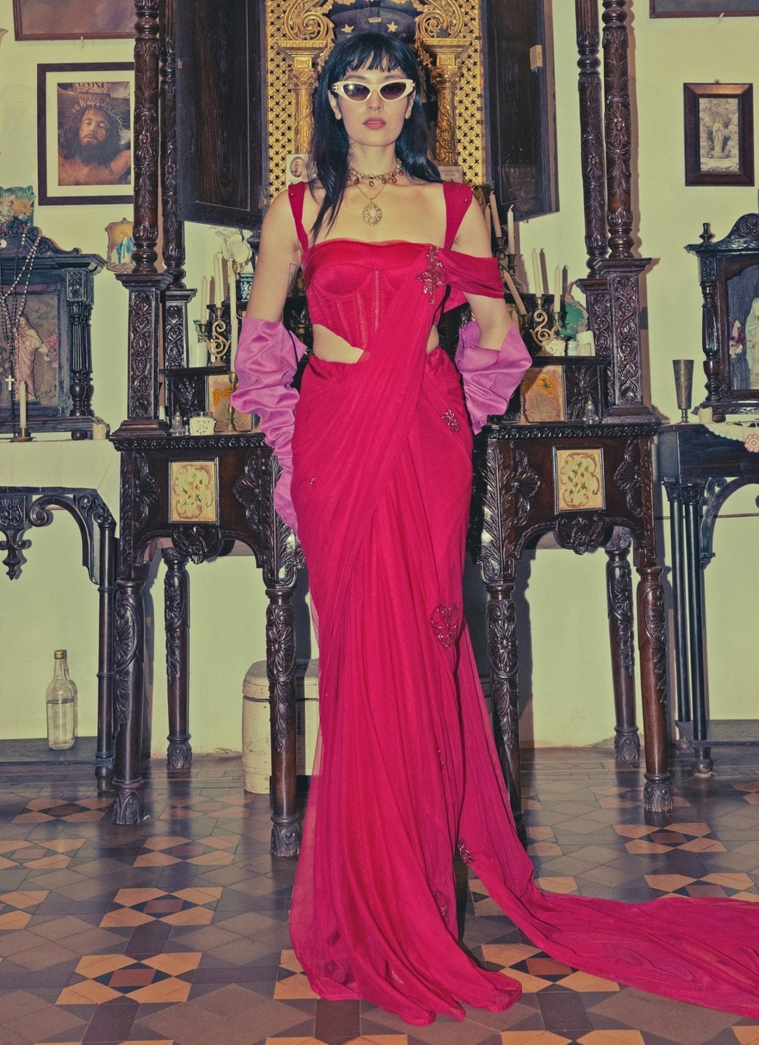 The Little Black Bow Red Stretch Tulle Pre-Draped Saree With CorsetFabilicious Fashion