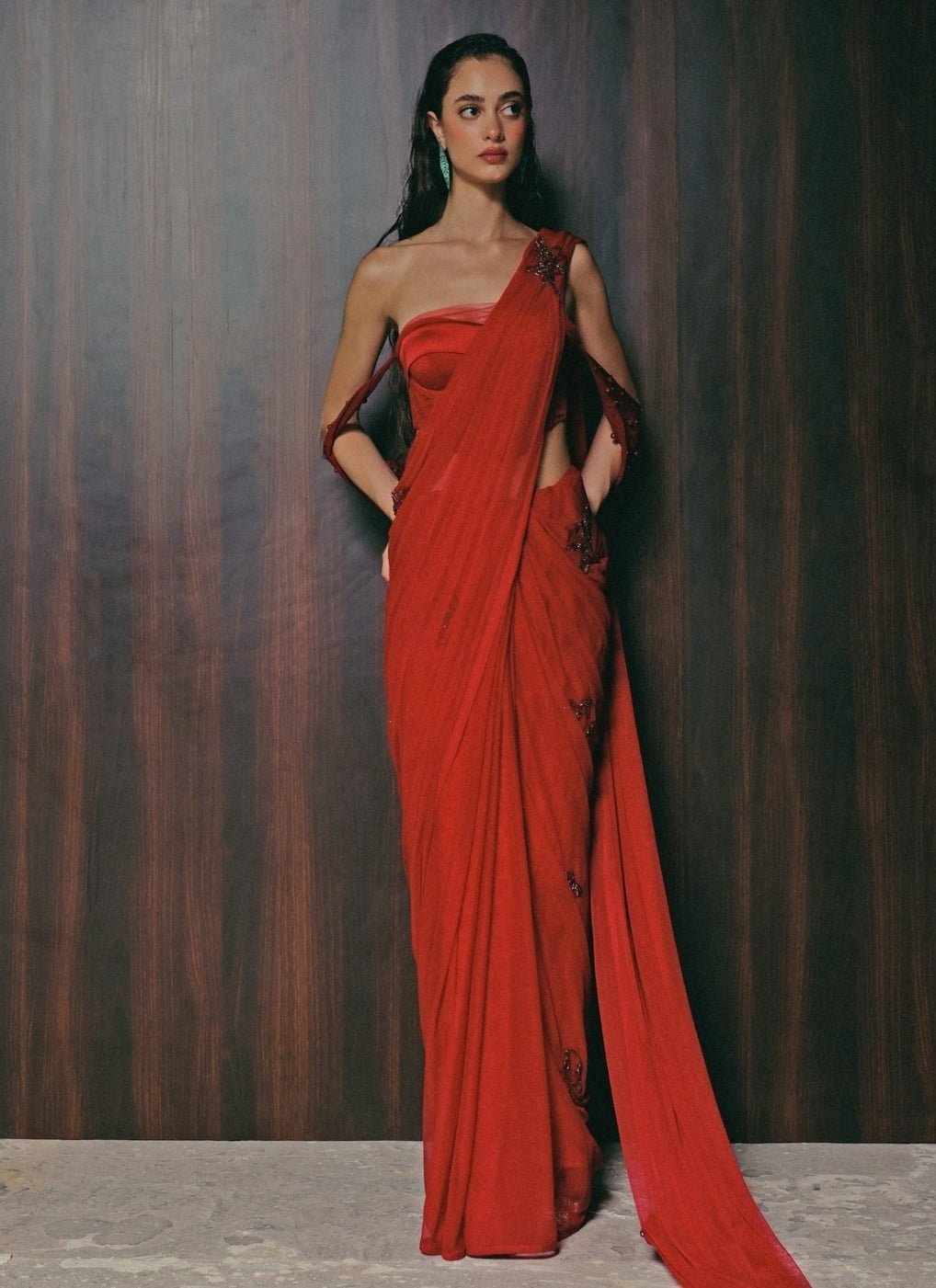 The Little Black Bow Red Stretch Tulle Pre-Draped Saree With CorsetFabilicious Fashion
