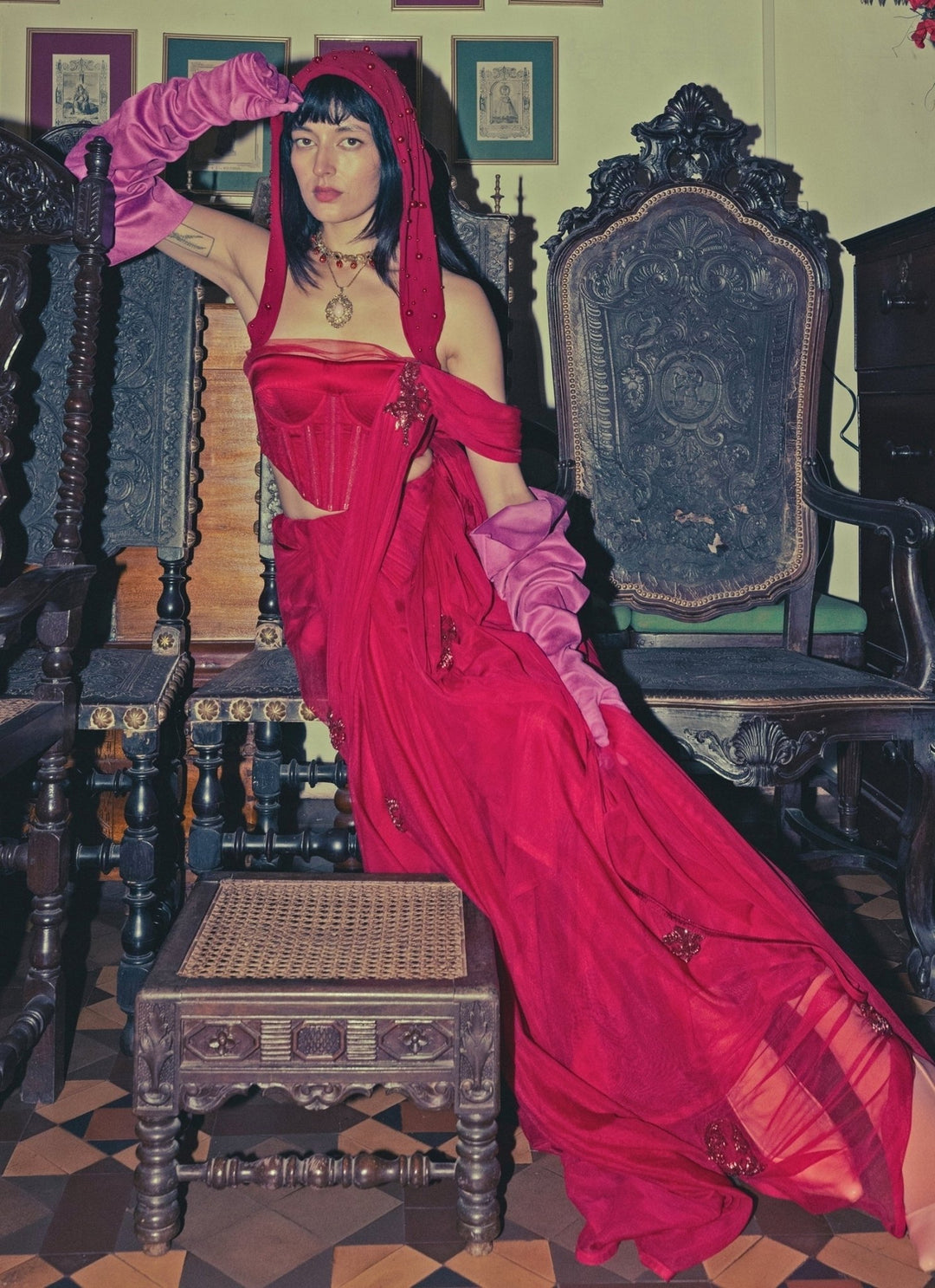 The Little Black Bow Red Stretch Tulle Pre-Draped Saree With CorsetFabilicious Fashion