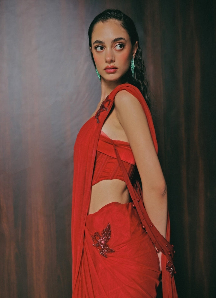 The Little Black Bow Red Stretch Tulle Pre-Draped Saree With CorsetFabilicious Fashion