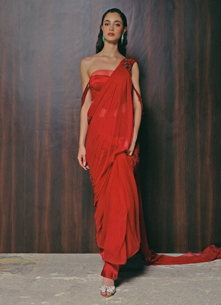 The Little Black Bow Red Stretch Tulle Pre-Draped Saree With CorsetFabilicious Fashion