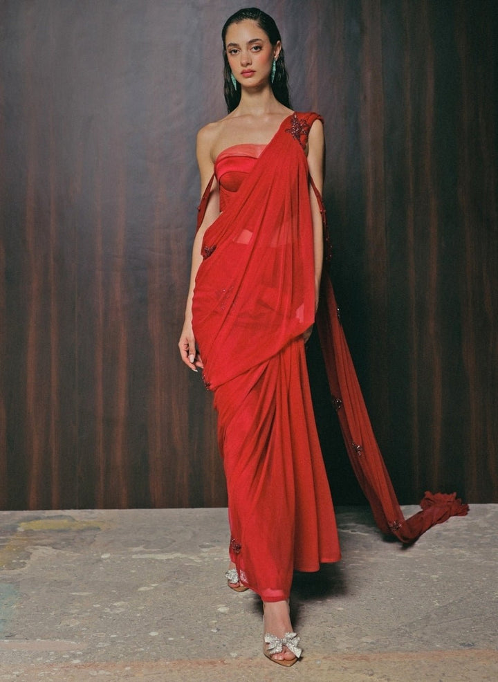 The Little Black Bow Red Stretch Tulle Pre-Draped Saree With CorsetFabilicious Fashion