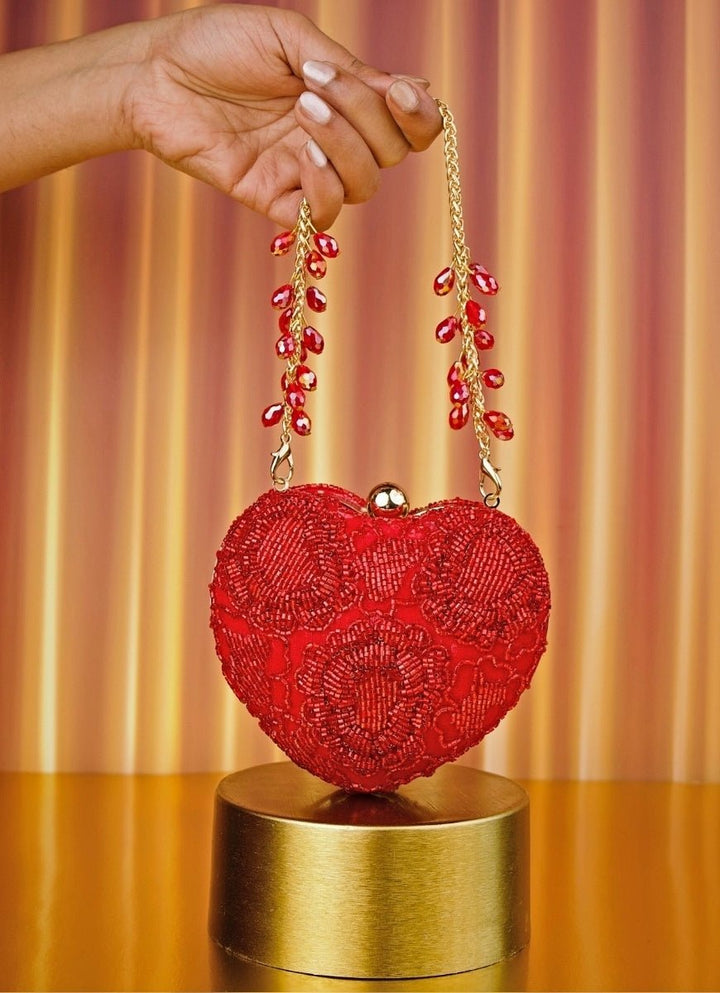 Red Suede Embellished Heart Bag House of Kosha - Fabilicious Fashion