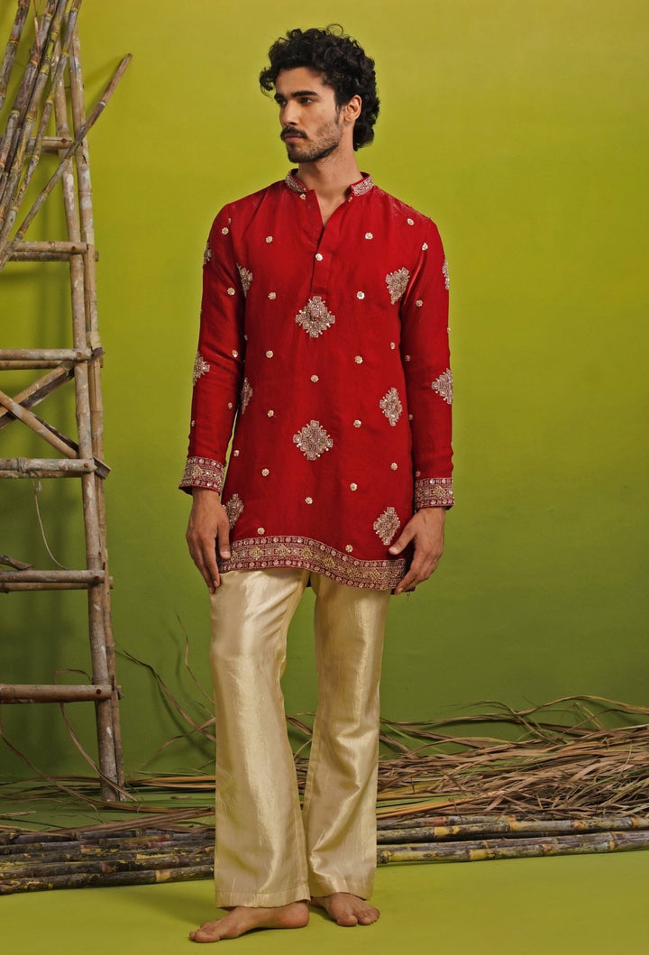 Kalpraag Red Tissue Silk Short Kurta SetFabilicious Fashion