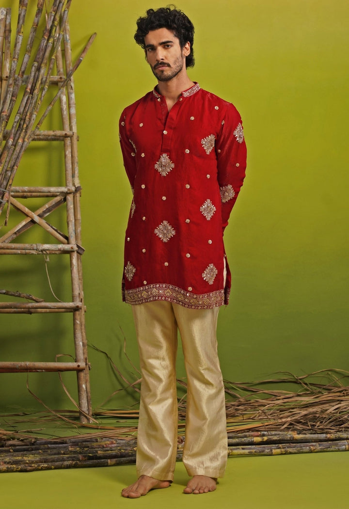 Kalpraag Red Tissue Silk Short Kurta SetFabilicious Fashion