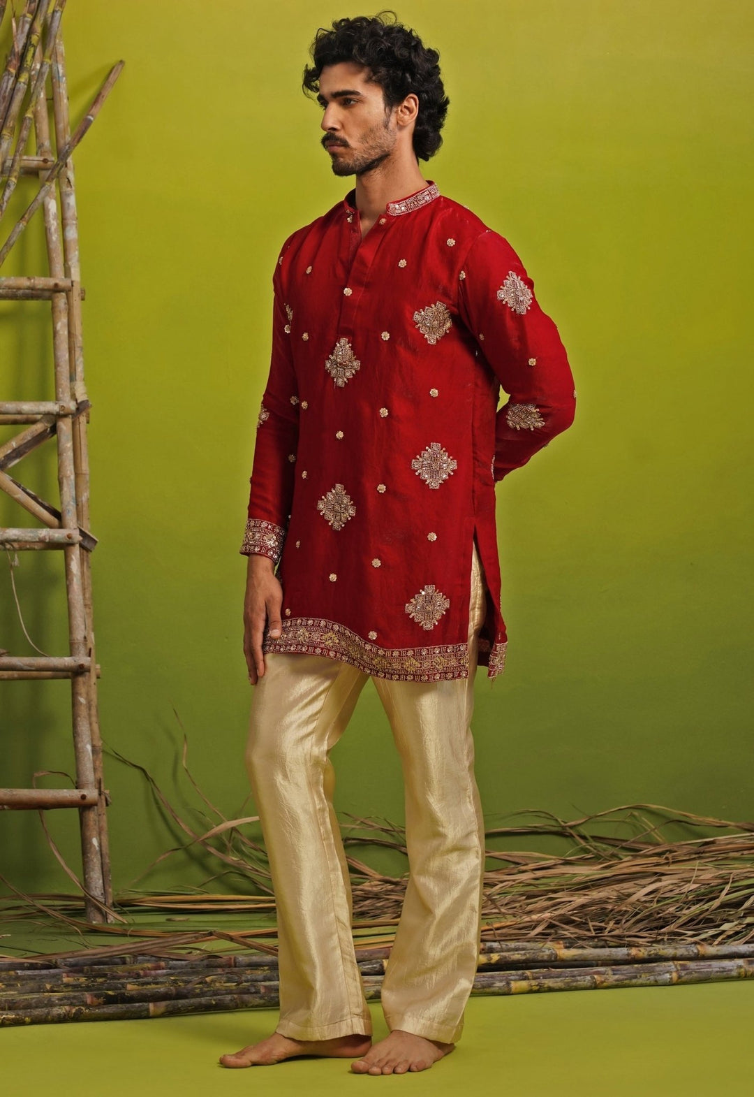 Kalpraag Red Tissue Silk Short Kurta SetFabilicious Fashion