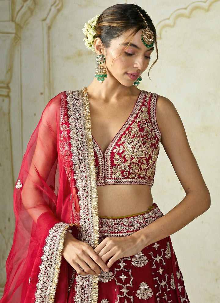 Gopi Vaid Red Tussar Bridal Lehenga SetFabilicious Fashion