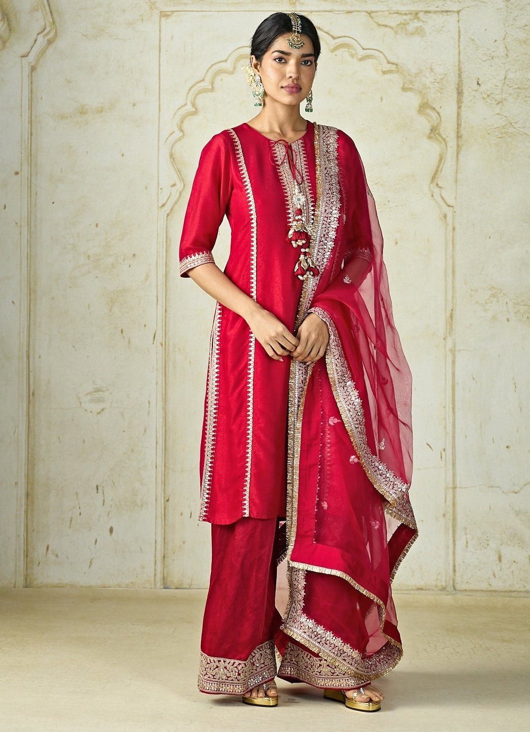 Gopi Vaid Red Tussar Embroidered Kurta Palazzo SetFabilicious Fashion