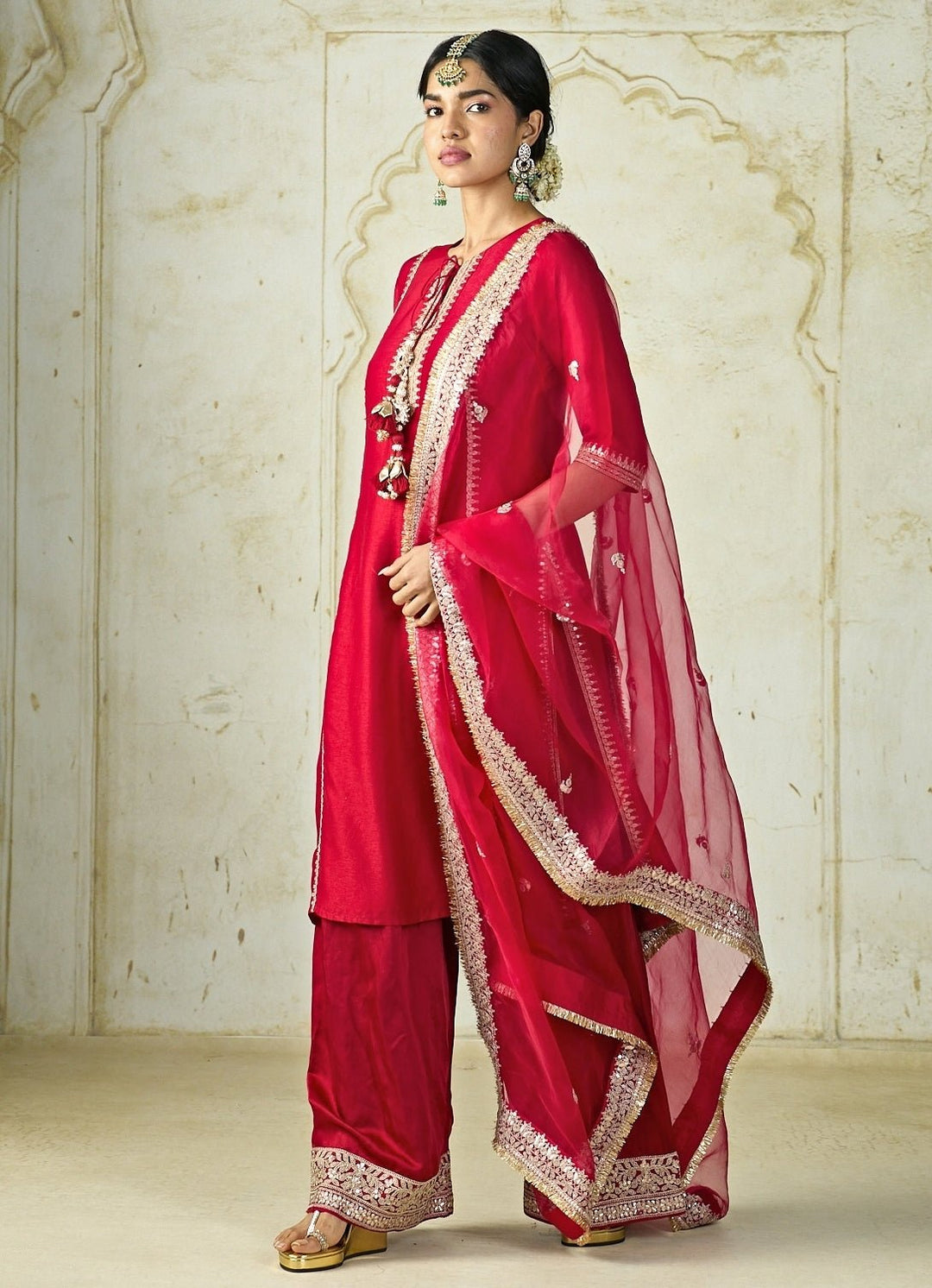 Gopi Vaid Red Tussar Embroidered Kurta Palazzo SetFabilicious Fashion