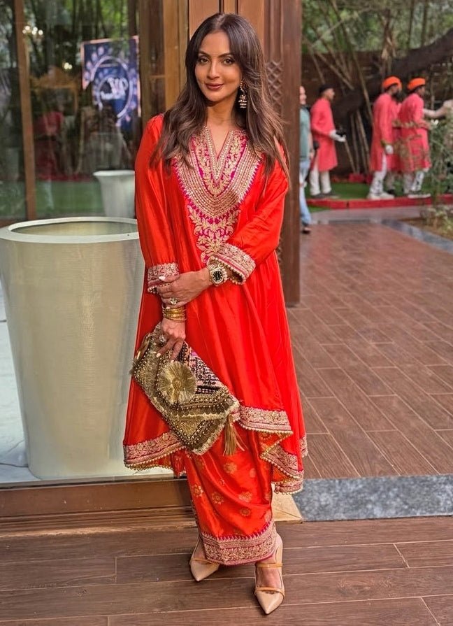 Gopi Vaid Red Tussar Farshi Salwar Kurta SetFabilicious Fashion