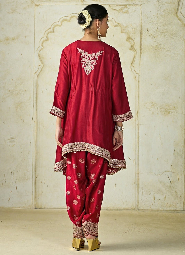 Gopi Vaid Red Tussar Farshi Salwar Kurta SetFabilicious Fashion