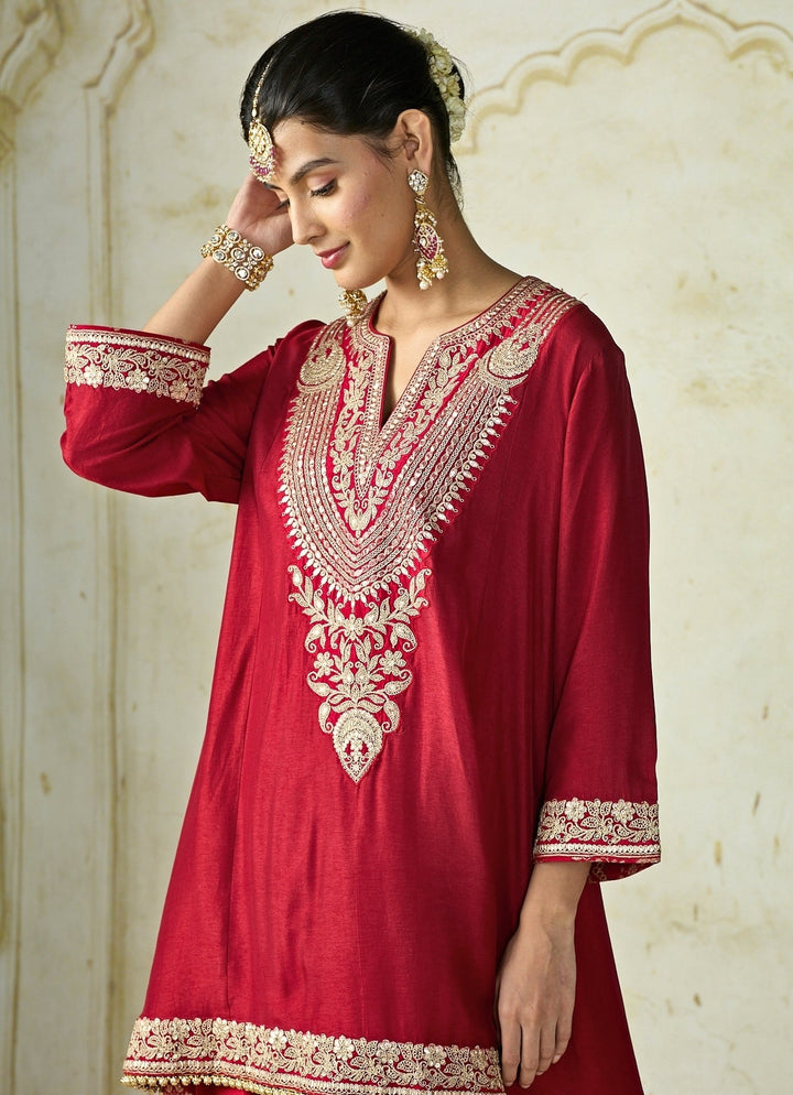 Gopi Vaid Red Tussar Farshi Salwar Kurta SetFabilicious Fashion