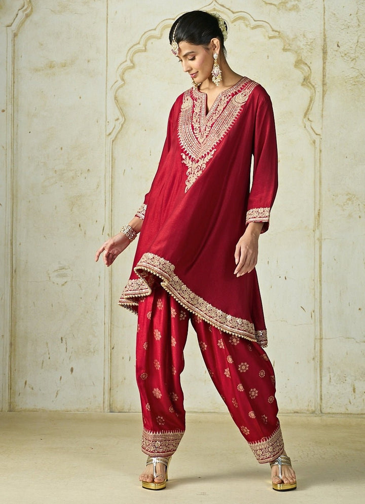 Gopi Vaid Red Tussar Farshi Salwar Kurta SetFabilicious Fashion