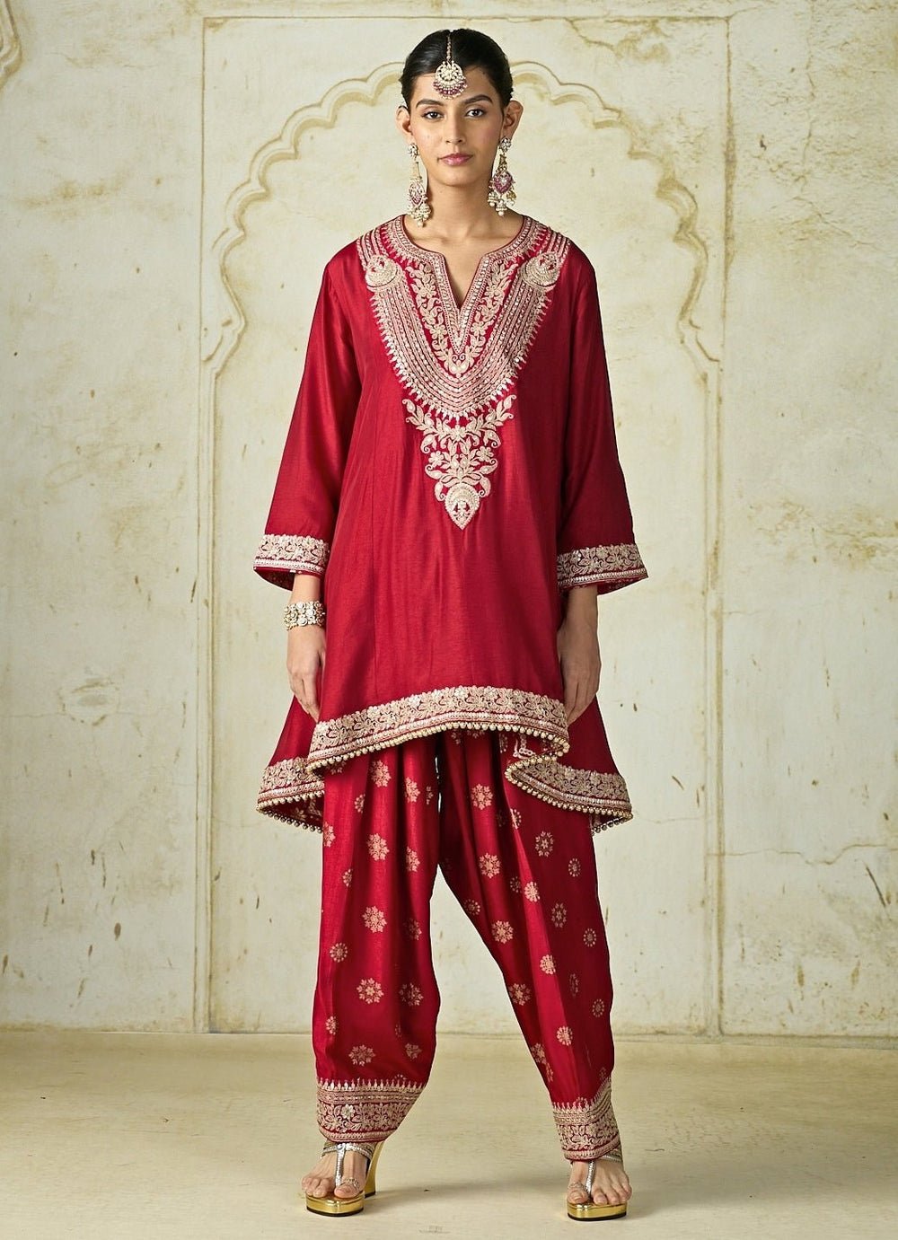 Gopi Vaid Red Tussar Farshi Salwar Kurta SetFabilicious Fashion