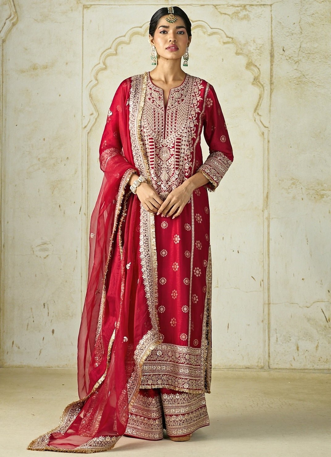 Gopi Vaid Red Tussar Kurta Palazzo SetFabilicious Fashion