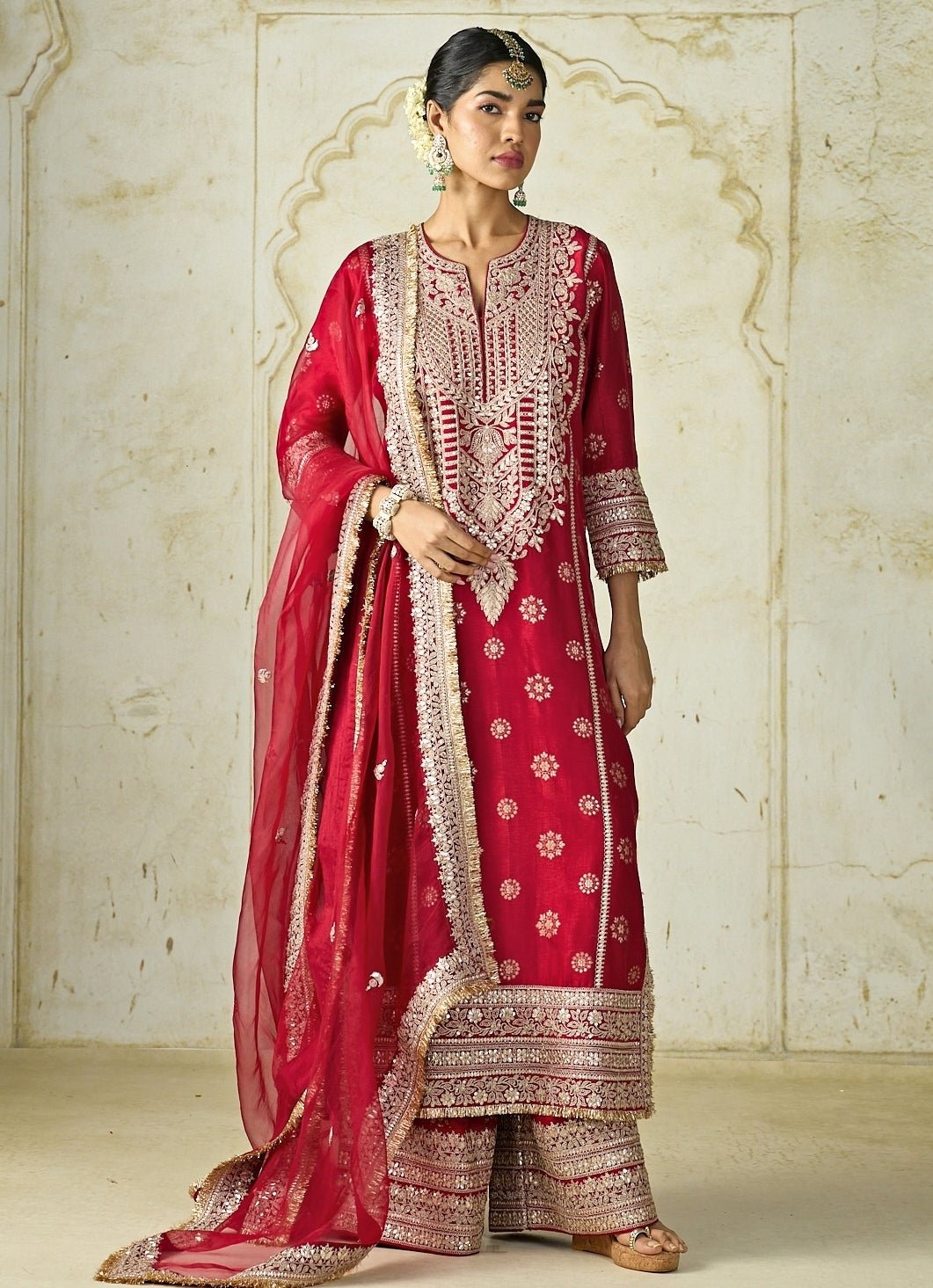 Gopi Vaid Red Tussar Kurta Palazzo SetFabilicious Fashion