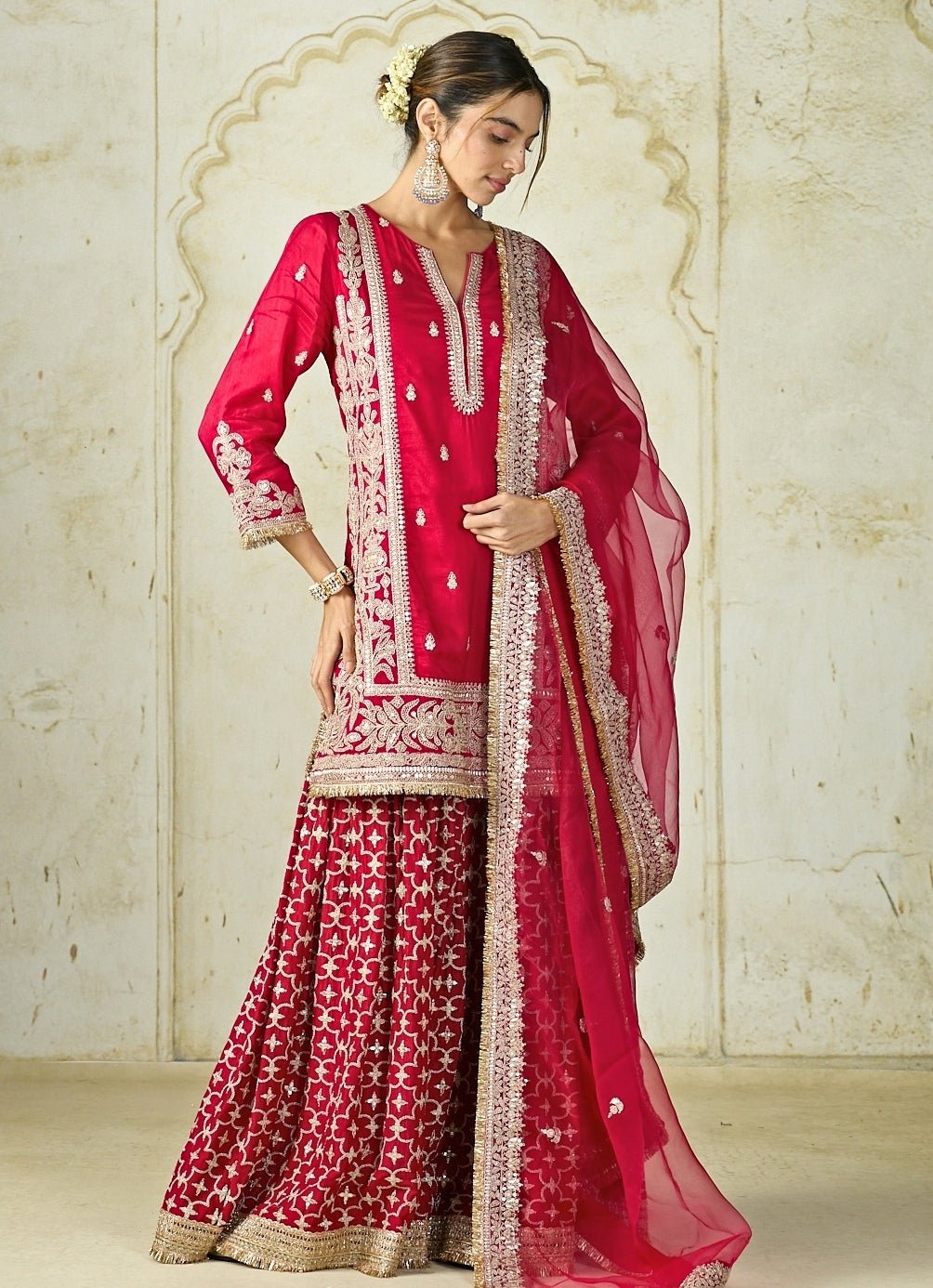 Gopi Vaid Red Tussar Kurta Sharara SetFabilicious Fashion